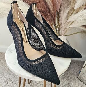 Gianni Bini Gold ANKLE Chain Heels Black Mesh Pointed Toe Women’s 9.5